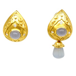 Estate 18kt Yellow Gold Chalcedony And Diamond Convertible Drop Earrings