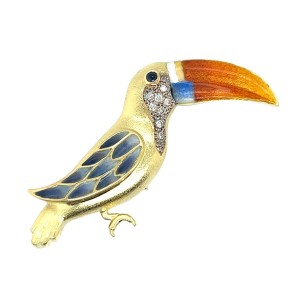 Estate Contemporary 18kt Yellow Gold Enamel, Sapphire, And Diamond Toucan Brooch