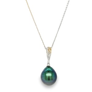 Estate 14kt White Gold Tahitian Pearl And Diamond Drop Pendant Necklace