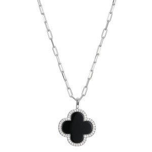 Charles Garnier Sterling Silver Black Agate And CZ Clover Pendant Necklace