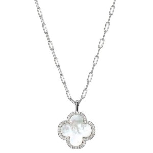 Charles Garnier Sterling Silver Mother Of Pearl And CZ Clover Pendant Necklace