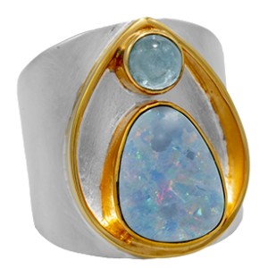 Michou Sterling Silver And 22kt Vermeil Opal And Aquamarine Ring