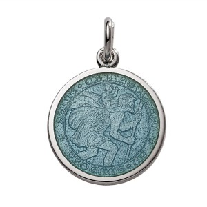 Sterling Silver Small (1/2") Round St. Christopher's Medal Charm With Light Blue/teal Enamel