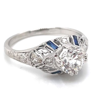Estate Art Deco Platinum Diamond And Sapphire Engagement Ring
