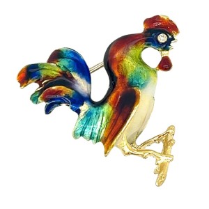 Estate Mid-Century 18kt Yellow Gold Enamel Rooster Pin