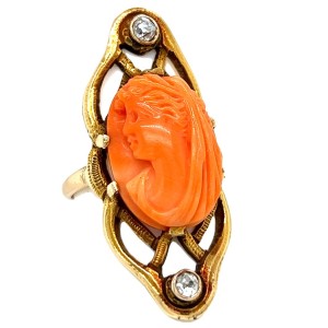 Estate Arts & Crafts14kt Yellow Gold Coral Cameo And Diamond Ring