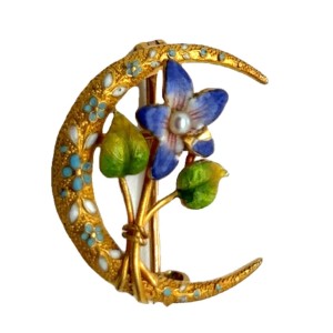 Estate Art Nouveau 14kt Yellow Gold Enamel And Seed Pearl Crescent Moon Pin