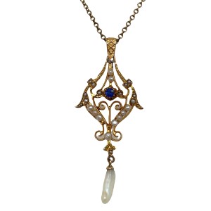 Estate Victorian 9kt Yellow Gold Sapphire Doublet And Pearl Pendant