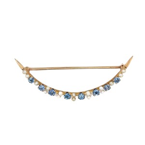 Estate 14kt Yellow Gold Sapphire And Seed Pearl Bar Pin