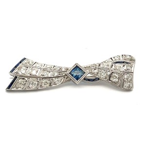 Estate Art Deco Platinum Sapphire And Diamond Bow Brooch