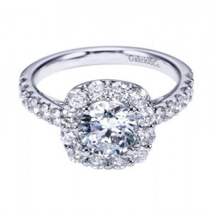 GABRIEL & CO. PLATINUM CUSHION HALO DIAMOND ENGAGEMENT RING