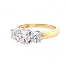 18KT YELLOW GOLD AND PLATINUM THREE-STONE DIAMOND ENGAGEMENT RING