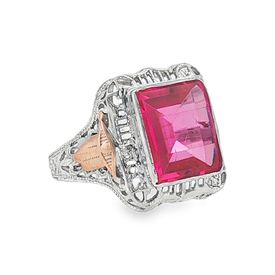 Estate Art Deco 10kt white and rose gold synthetic ruby ring