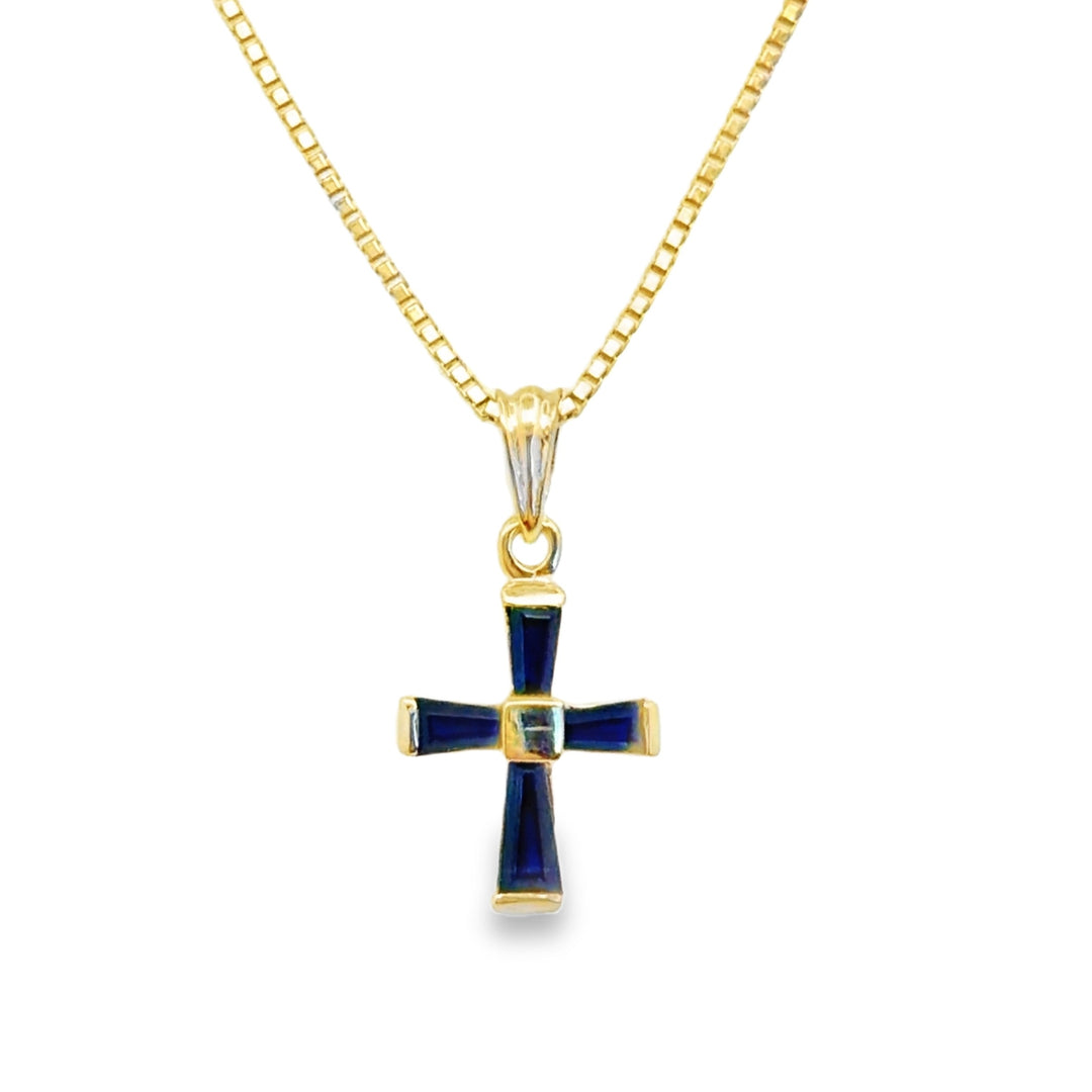 Estate 14kt yellow gold sapphire cross pendant necklace.