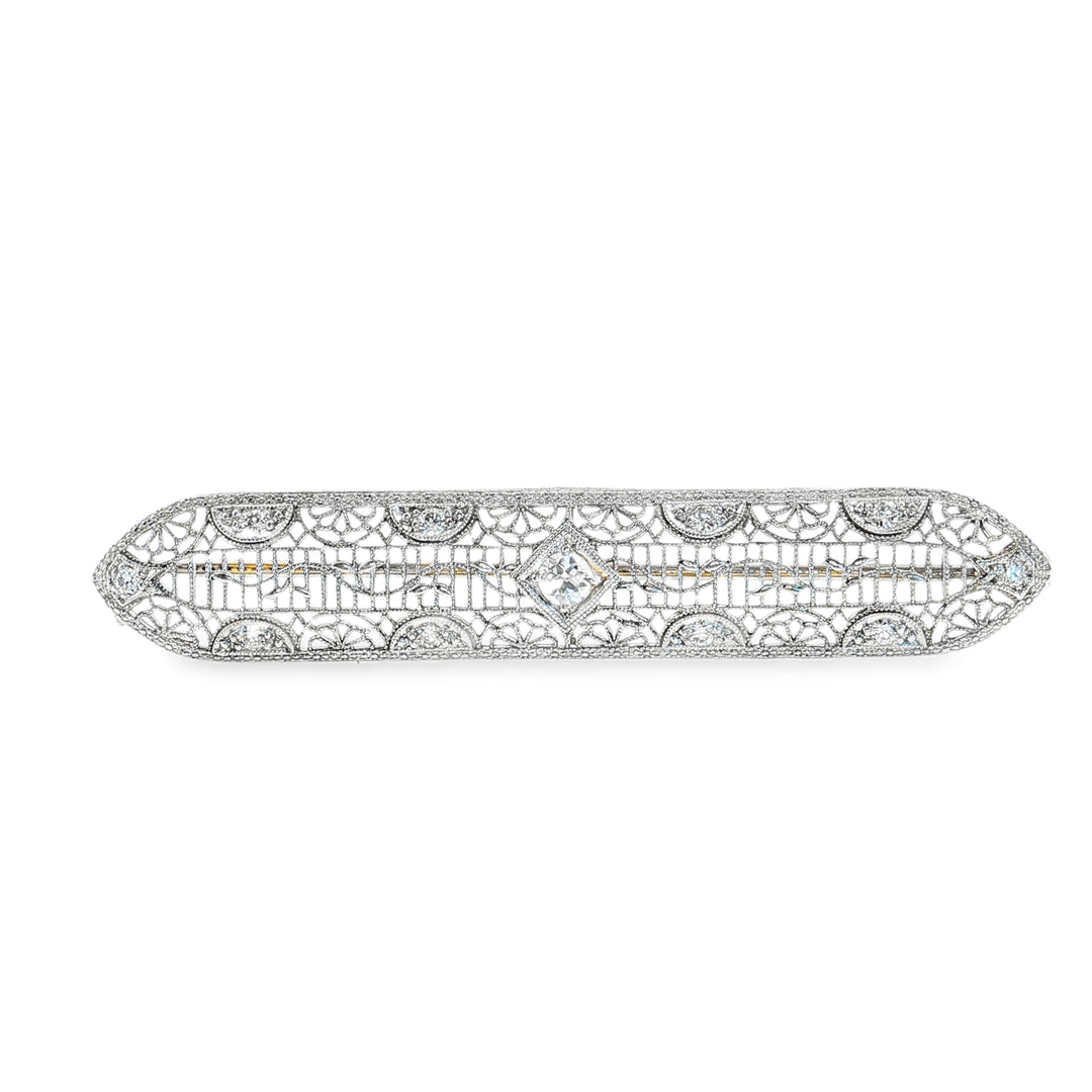 Estate Edwardian 14kt white gold diamond filigree bar brooch