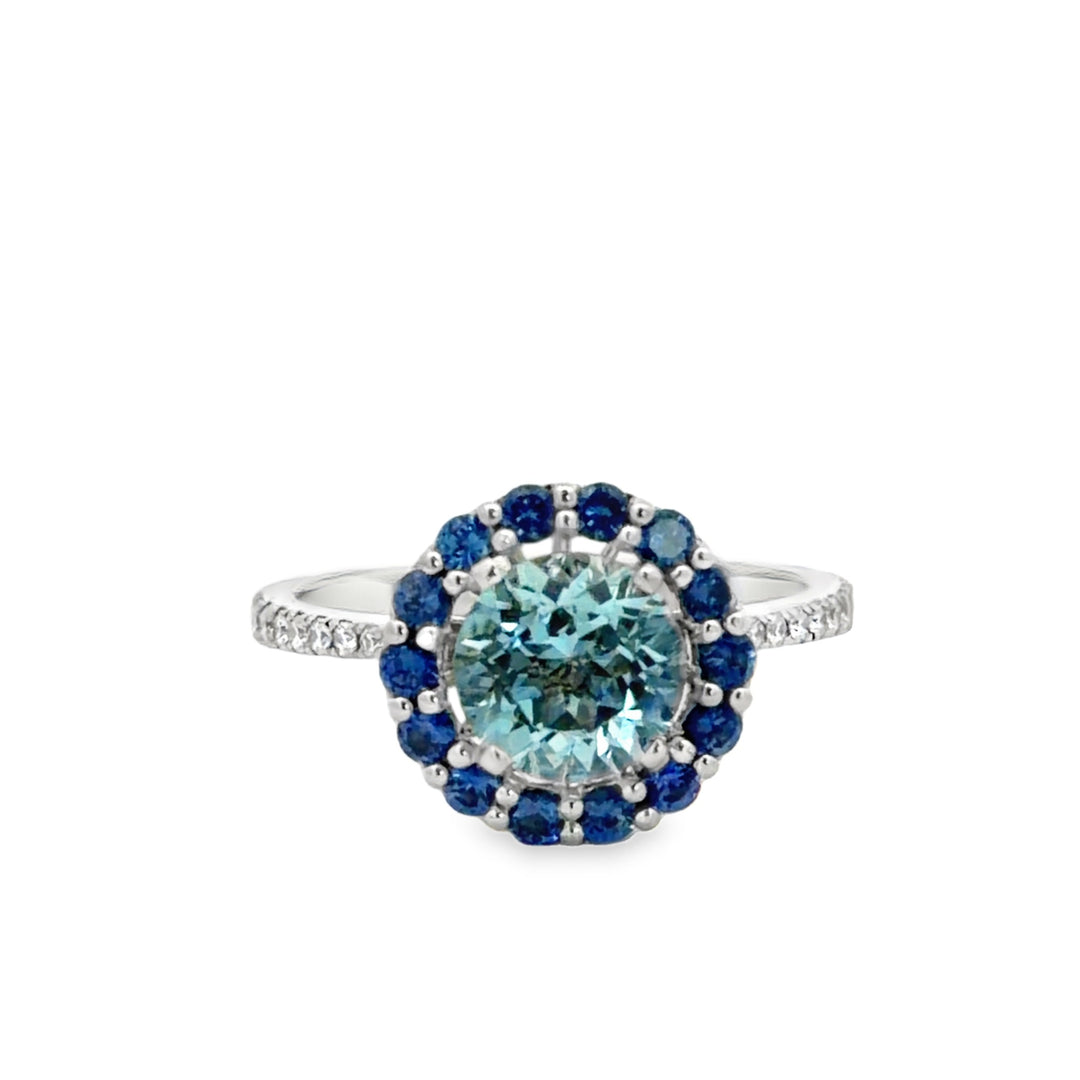 Peter Storm 18kt white gold aquamarine, sapphire and diamond halo ring