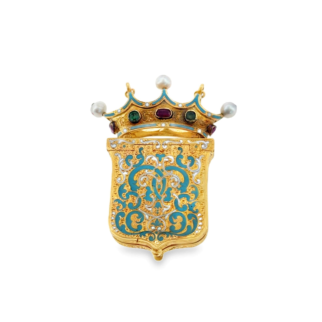 Estate Victorian 18kt yellow gold enamel, emerald, ruby, and seed pearl vinaigrette