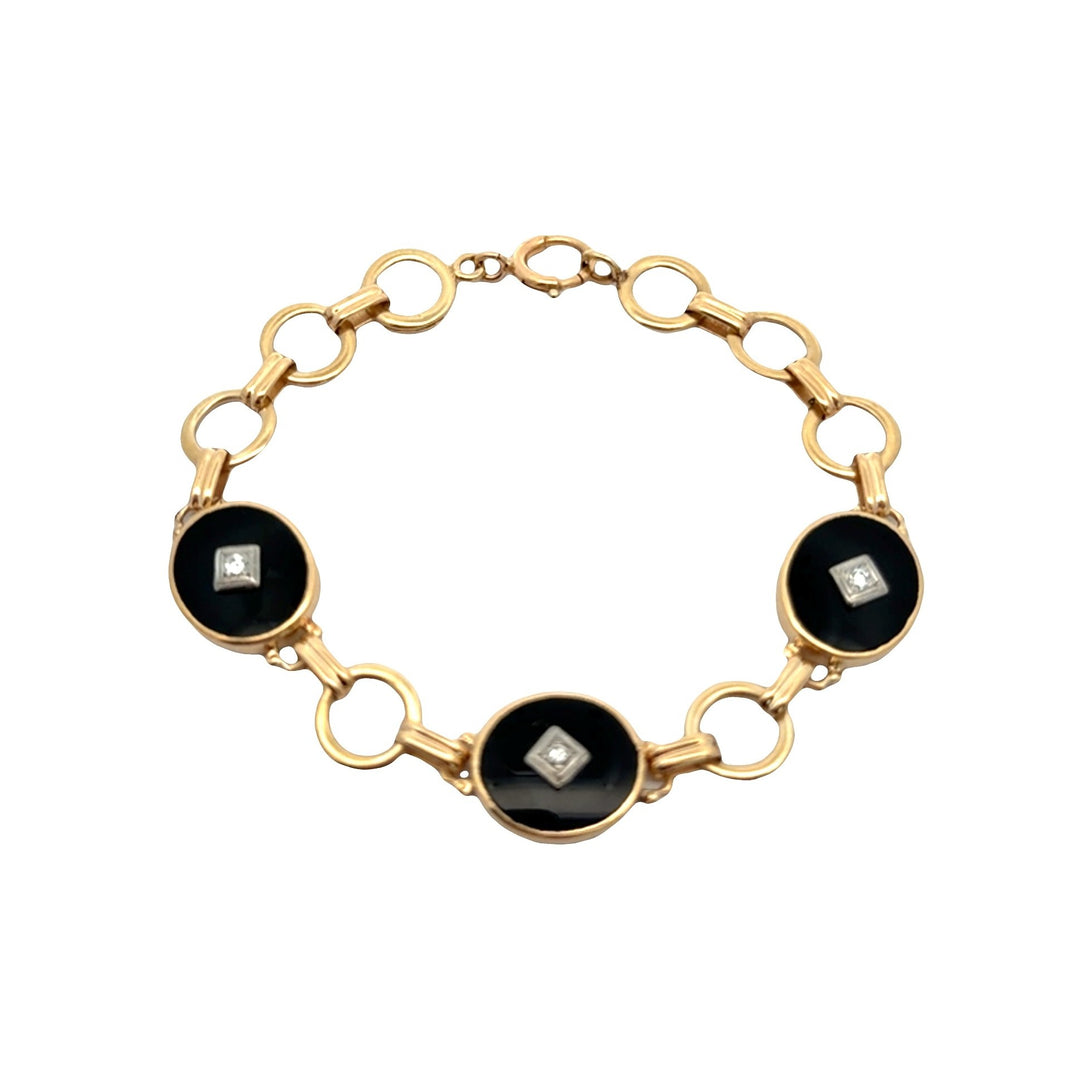 Estate Mid-Century 14kt yellow gold Soret onyx and diamond bracelet
