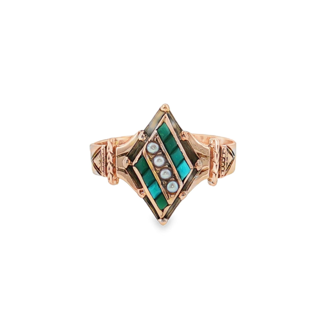 Estate Victorian 10kt rosy yellow gold turquoise and seed pearl ring