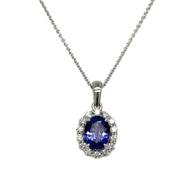 14kt white gold tanzanite and diamond halo pendant necklace