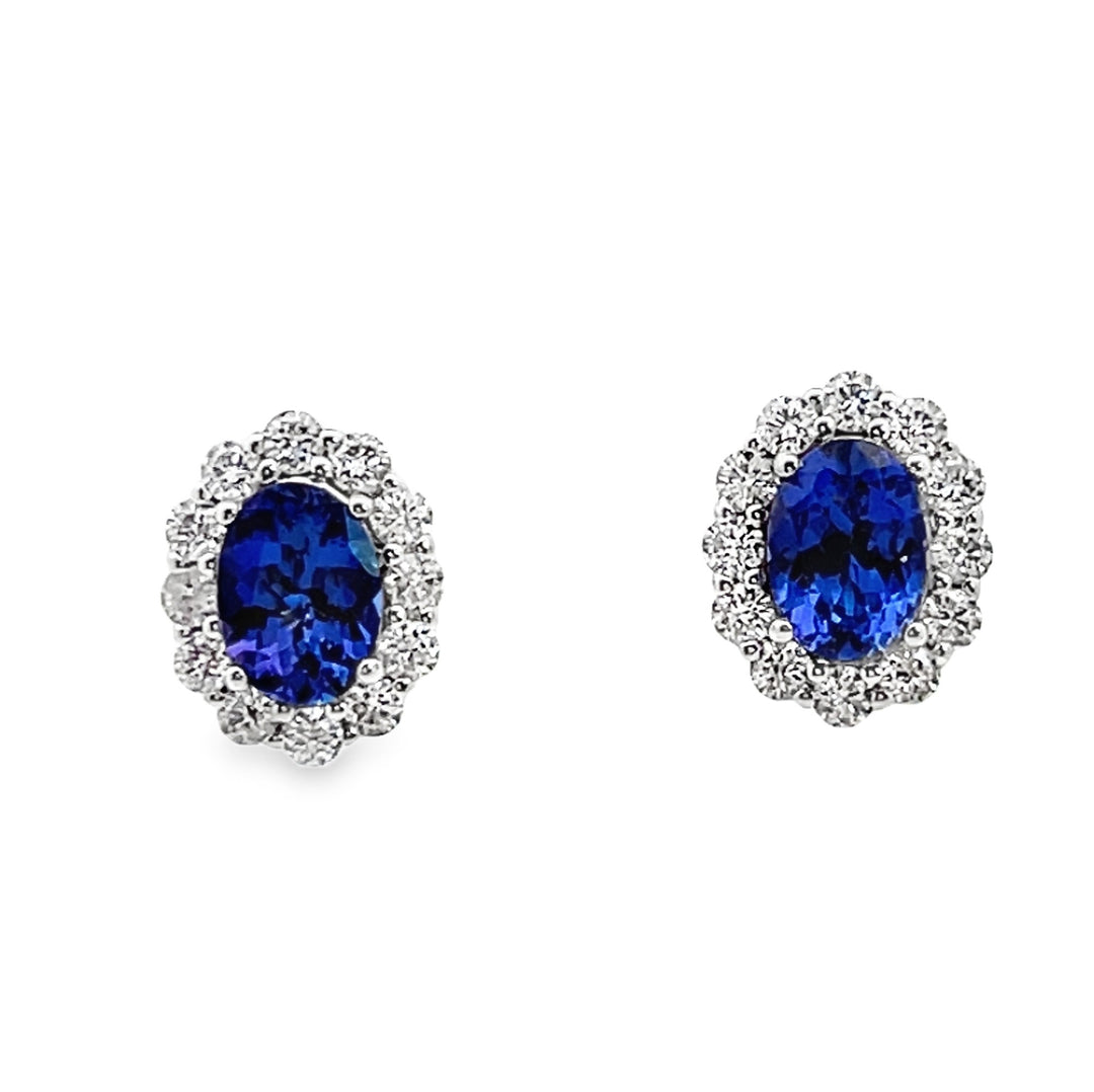 14kt white gold tanzanite and diamond halo stud earrings