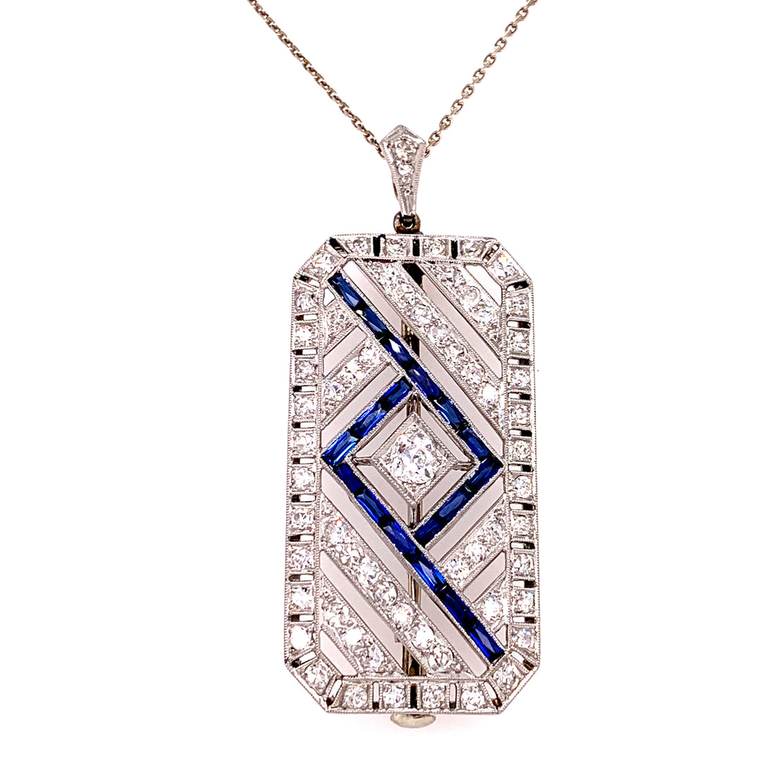 Estate Art Deco Platinum Diamond and Sapphire Convertible Brooch/Pendant