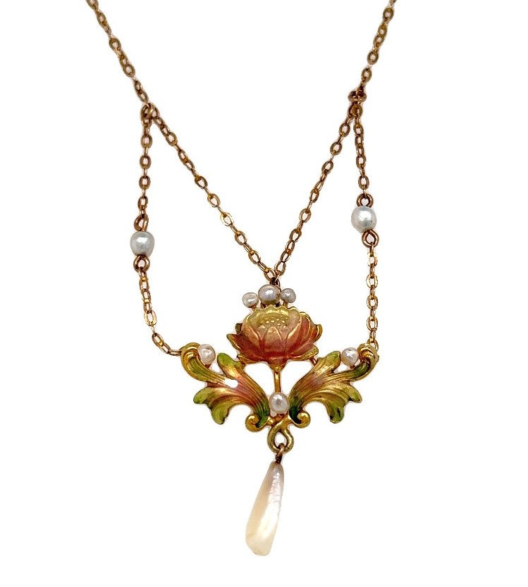 Estate Victorian 10kt yellow gold enamel and seed pearl necklace