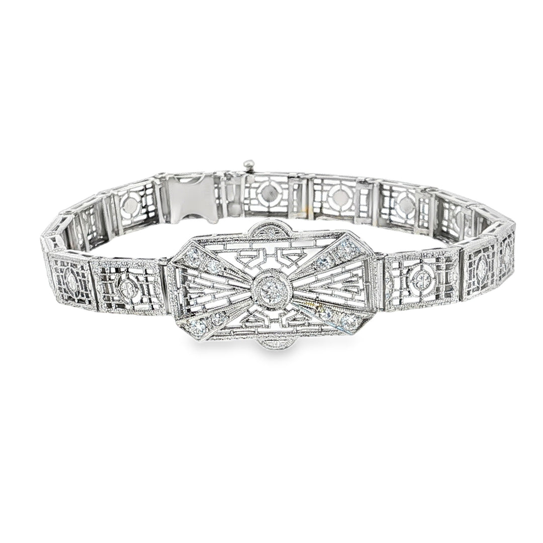 Estate Art Deco Platinum over 14kt white gold diamond filigree box  bracelet