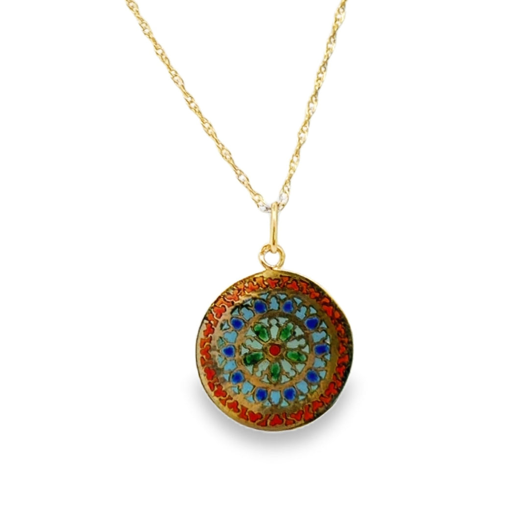 Estate 14kt yellow gold plique-à-jour enamel stained glass window pendant necklace
