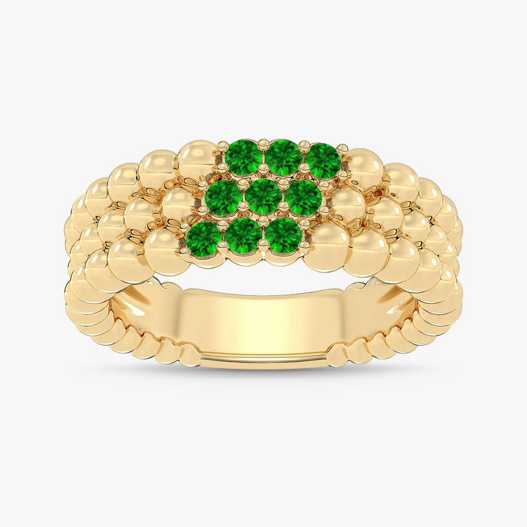 14kt yellow gold triple-row emerald beaded ring