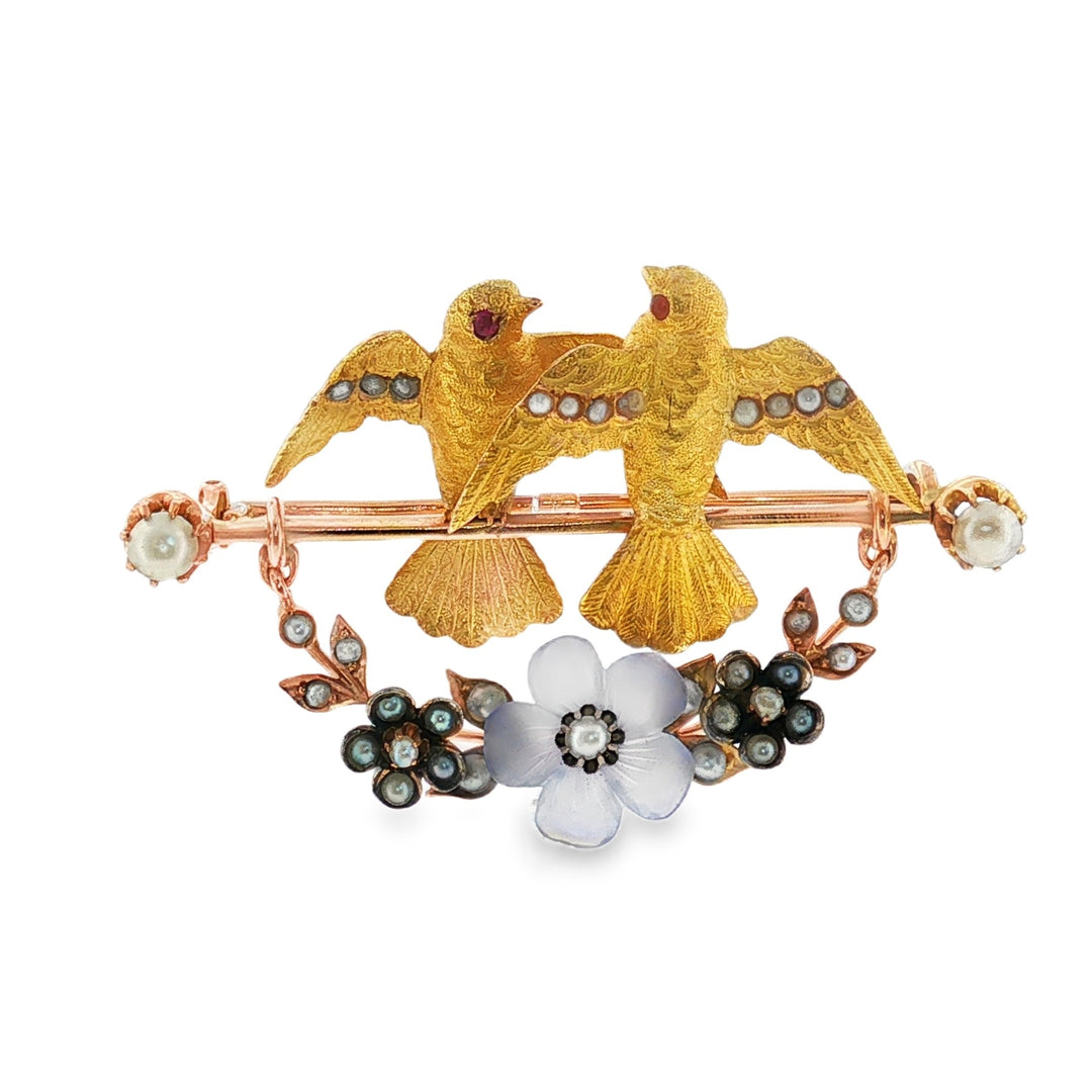 Estate Victorian 14kt yellow gold seed pearl and chalcedony love bird brooch