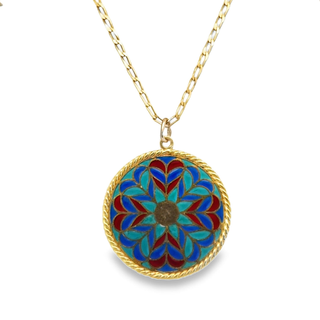 Estate 18kt yellow gold plique-à-jour enamel stained glass window pendant necklace