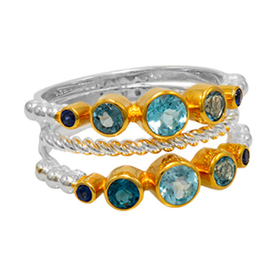 Michou Sterling Silver and 22K Gold Vermeil Ring with Baby Blue Topaz, London Blue Topaz and Sapphire