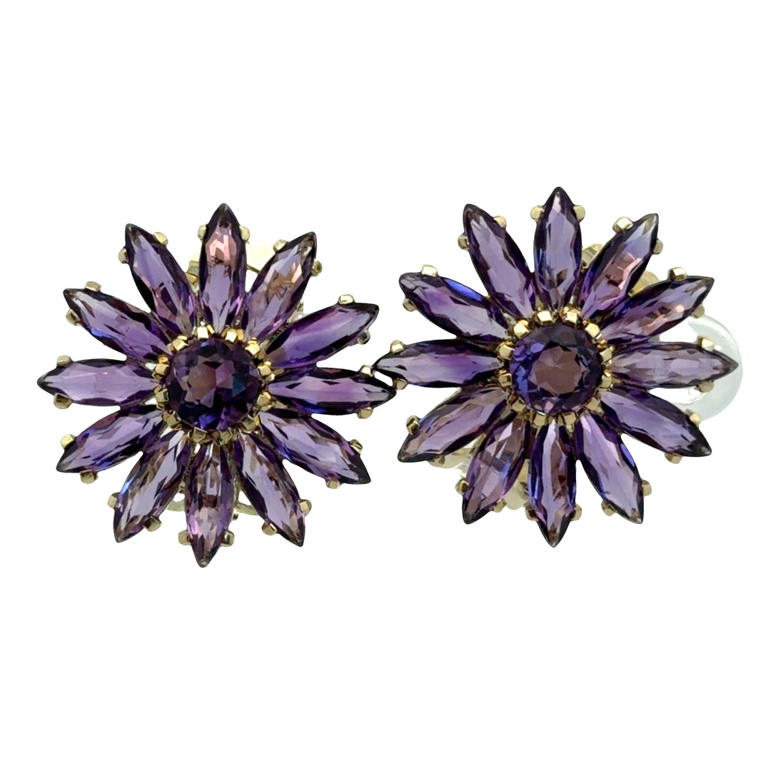 Estate Theodore Fahner 14kt yellow gold amethyst flower earrings