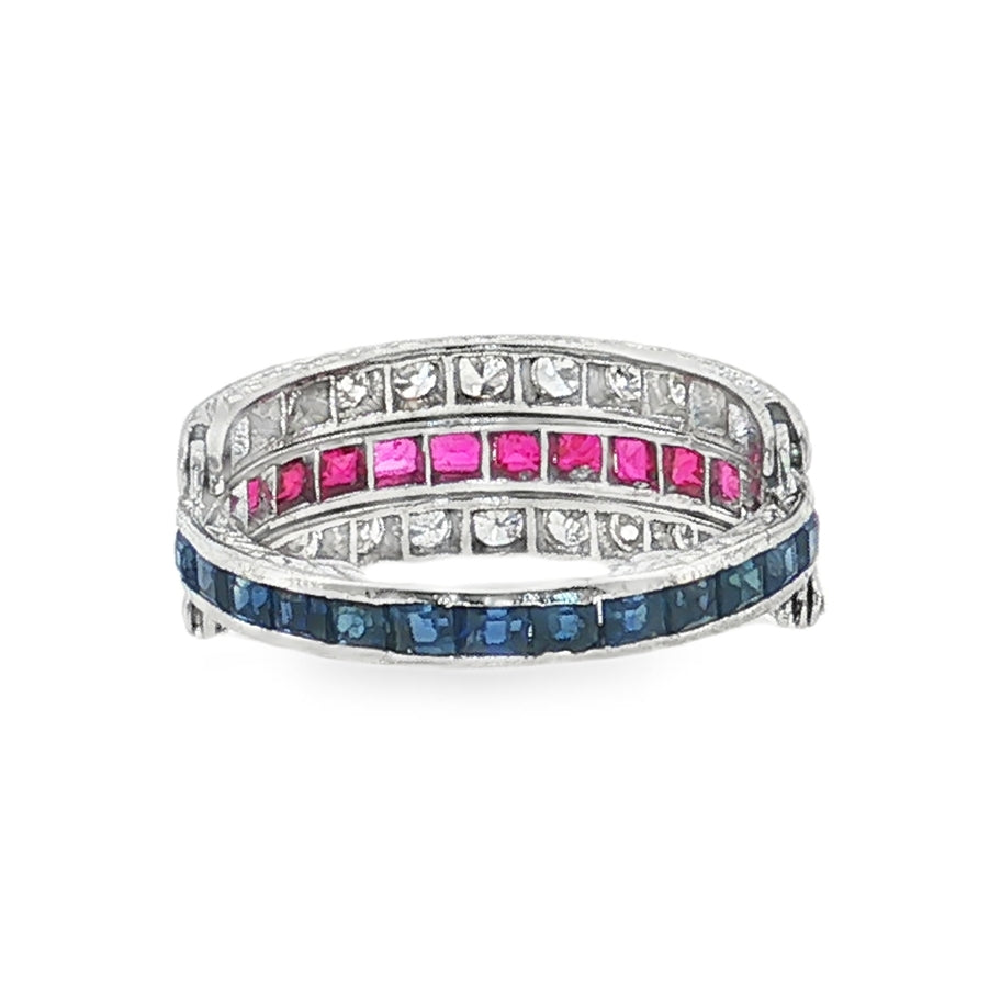 Estate Mid-Century platinum ruby, sapphire, and diamond flip eternity band ring