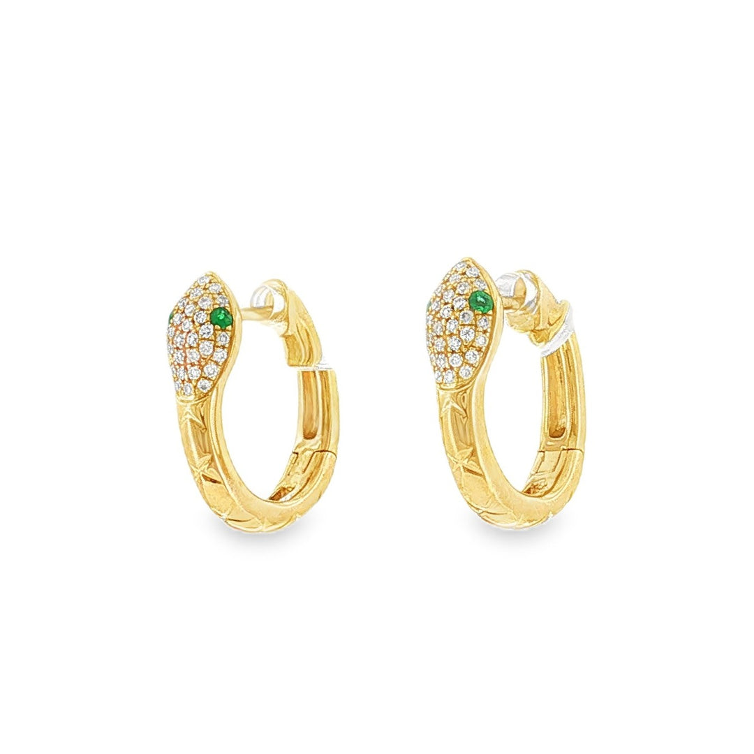 14kt yellow gold diamond and emerald snake huggie earrings