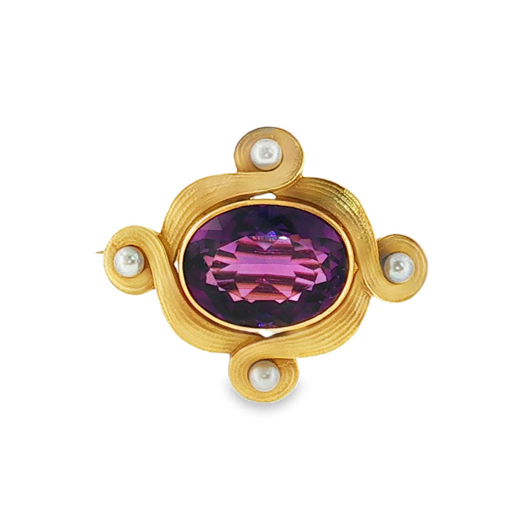 Estate Art Nouveau 14kt yellow gold amethyst and seed pearl brooch watch holder