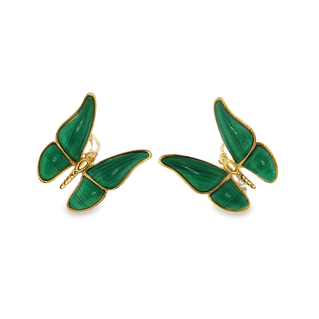 Estate 18kt yellow gold carved malachite butterfly earrings