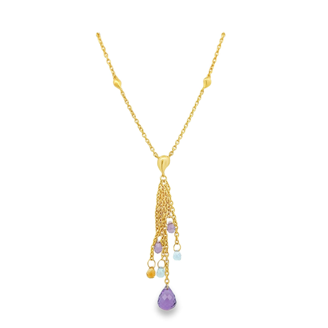 Estate 24kt yellow gold amethyst, citrine and blue topaz Y necklace.