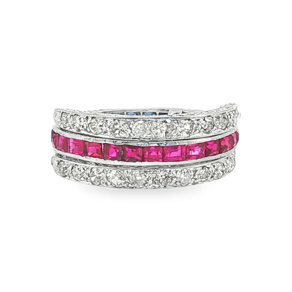 Estate Mid-Century platinum ruby, sapphire, and diamond flip eternity band ring