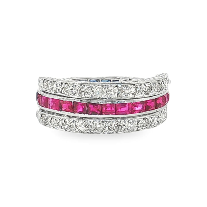Estate Mid-Century platinum ruby, sapphire, and diamond flip eternity band ring