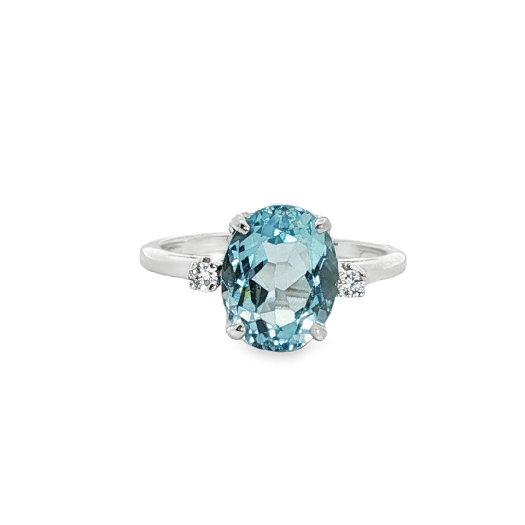Estate 14kt white gold aquamarine and diamond three stone ring by Church & Co.