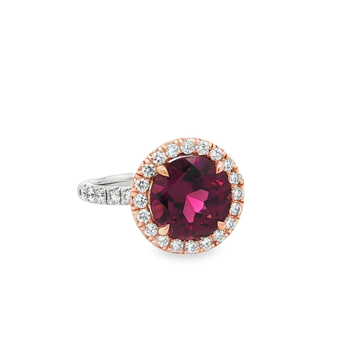 Christophe Danhier 18kt gold rhodolte garnet and diamond diamonds halo ring