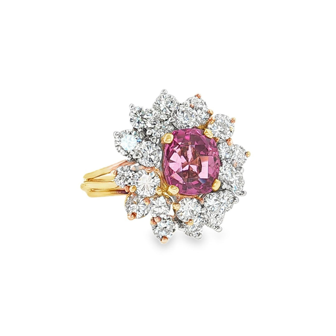 Estate 18kt yellow gold and platinum pink sapphire and diamond ring
