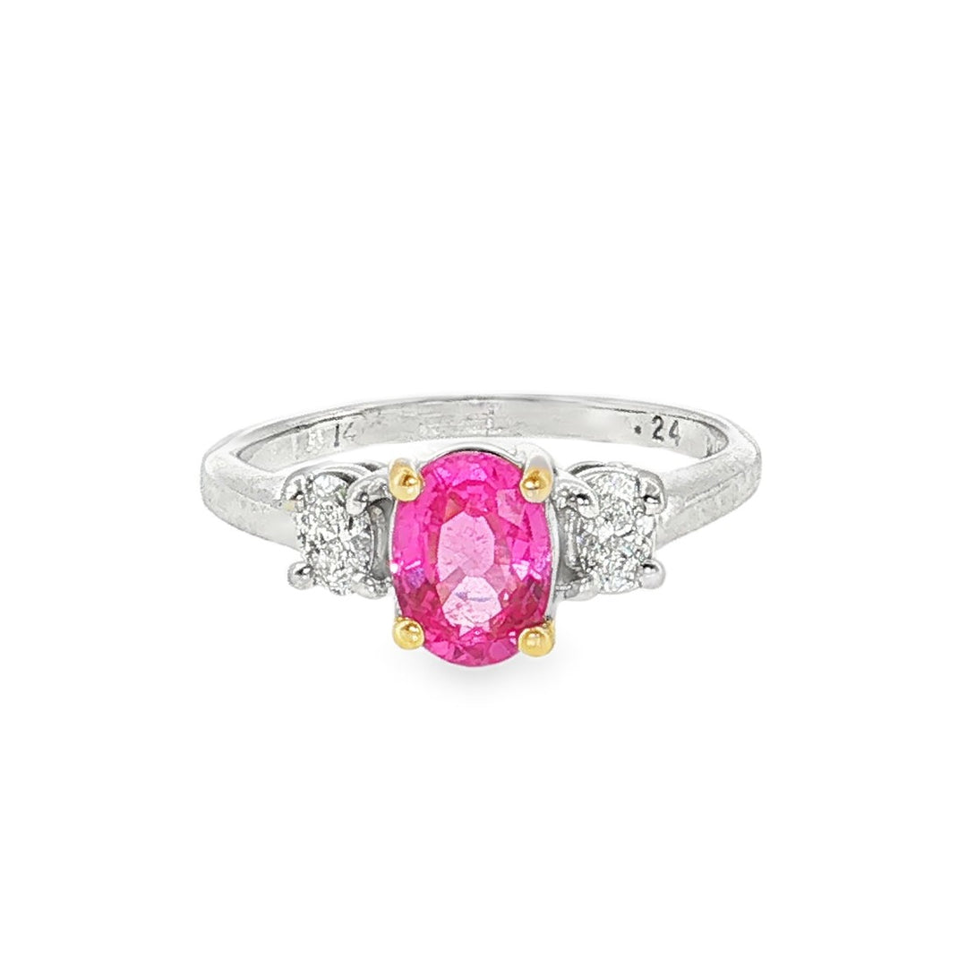 Estate 14kt white gold pink sapphire and diamond three stone ring