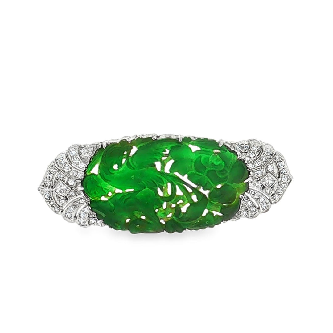 Estate Art Deco platinum carved jade and diamond brooch