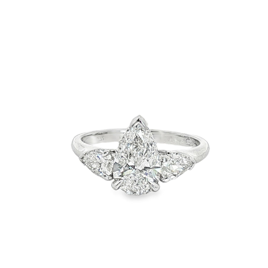 Platinum three-stone pear shaped diamonds engagement ring