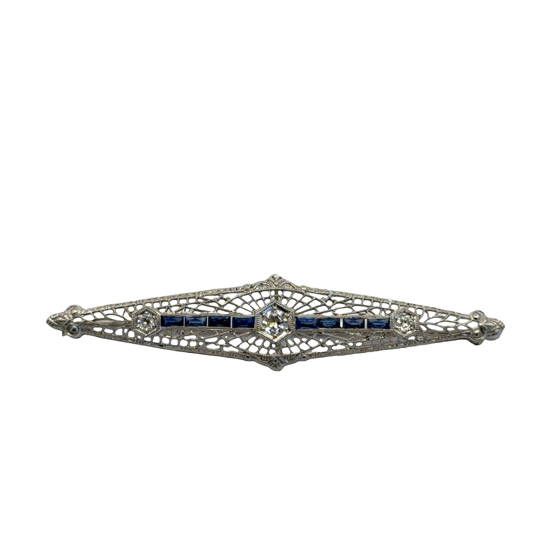 Estate Art Deco 14kt white gold sapphire and diamond bar brooch by Kohn & Co.
