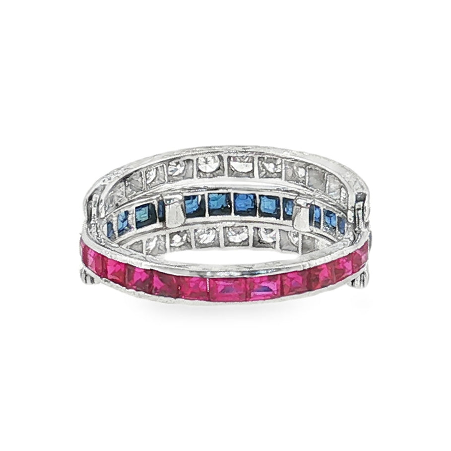 Estate Mid-Century platinum ruby, sapphire, and diamond flip eternity band ring