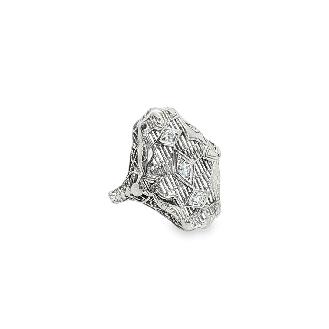 Estate Late Deco 14kt white gold North/South filigree ring
